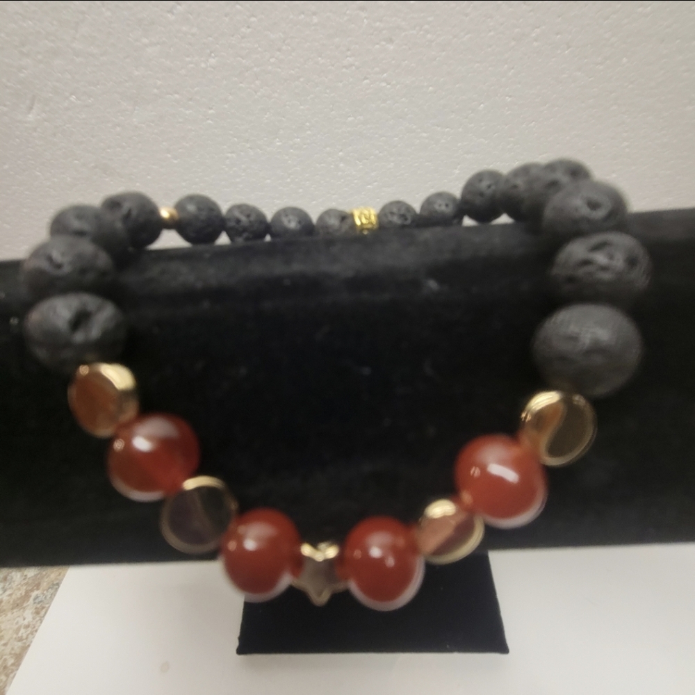 Handcrafted Gold, Black Lava and Red Carnelian Bead Stretch Bracelet - Picture 8 of 8